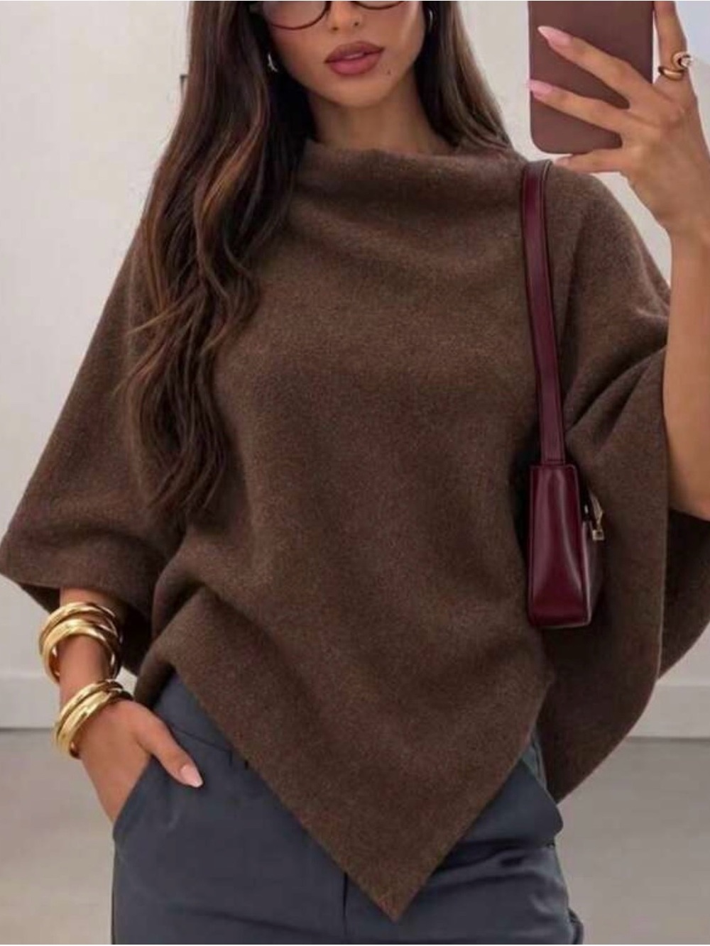 SHEIN Brown Draped Knit Poncho Sweater